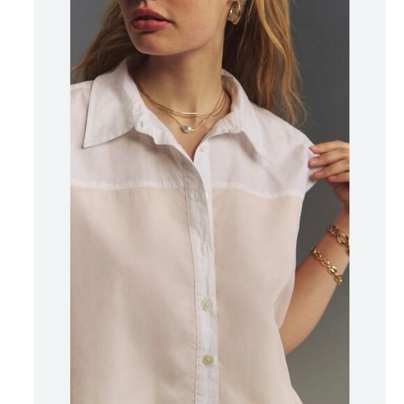 Anthropologie Maeve White Blush Sheet Bennet Button Down Sleeveless Top Sz M - Picture 2 of 9